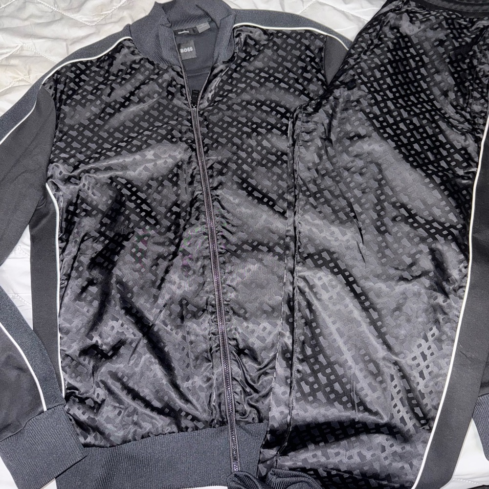 Black Patterned Track Jacket and Pants Set
